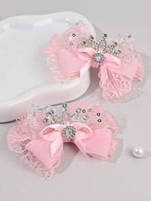 2pcs Pink Lace Bow Hair Clips For Girls, Elegant Silver Crown & Rhinestone Decor Fashion Barrettes, Alligator Clips & Hair Clips, Wedding, Party & Daily Wear Hair Accessories - Pink - View 4