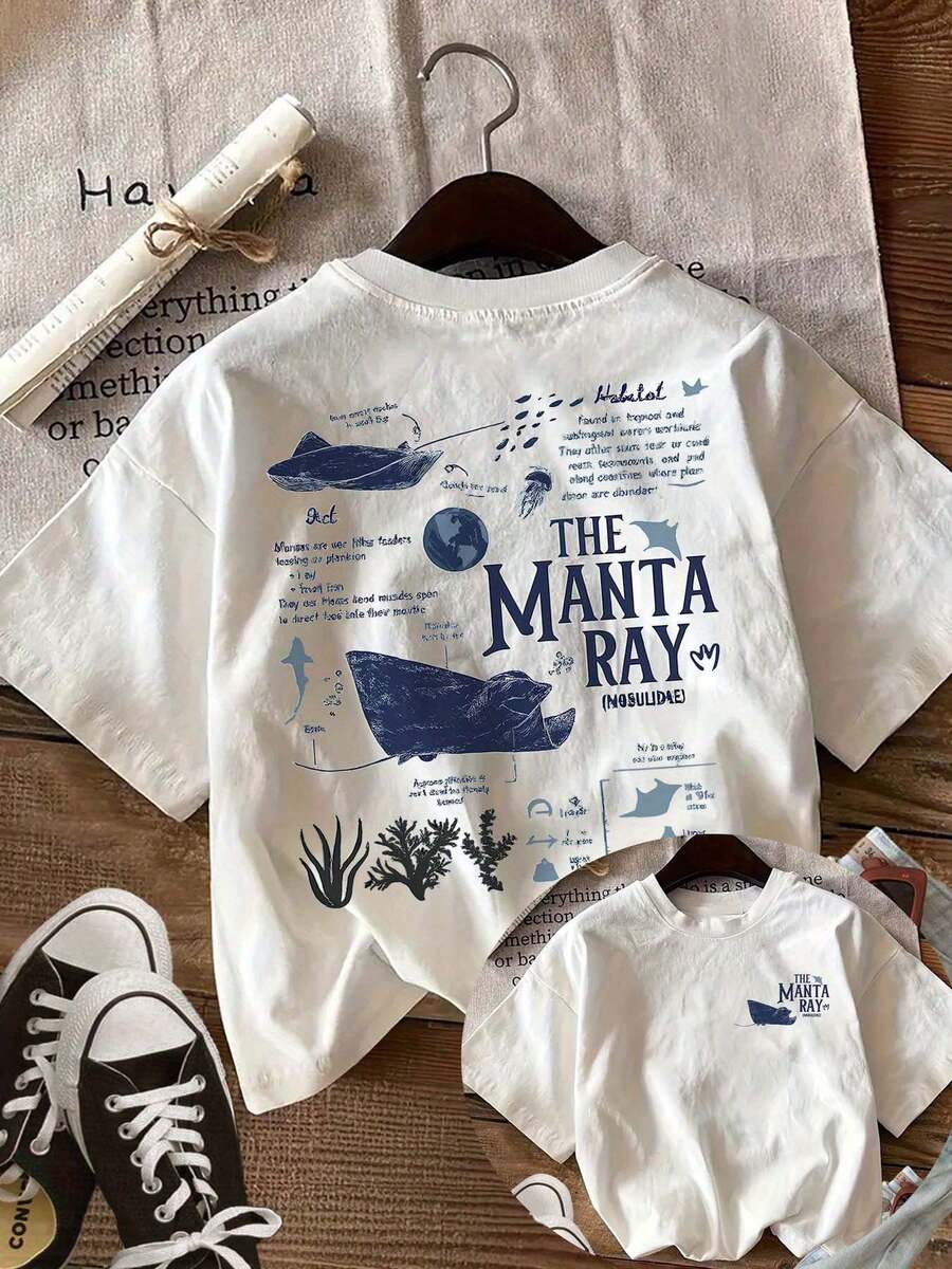 Science-Themed Manta Ray Print Casual Short-Sleeve Crew Neck T-Shirt - White - View 1