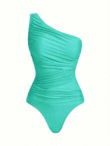 Traje de baño de una pieza para mujer para playa piscina vacaciones semana santa brunch y salidas a la playa, diseño de hombro único con drapeado y tul transparente que resalta la silueta color marrón sólido tela elástica de secado rápido apto para verano y temporadas cálidas - verde menta - Ver 6