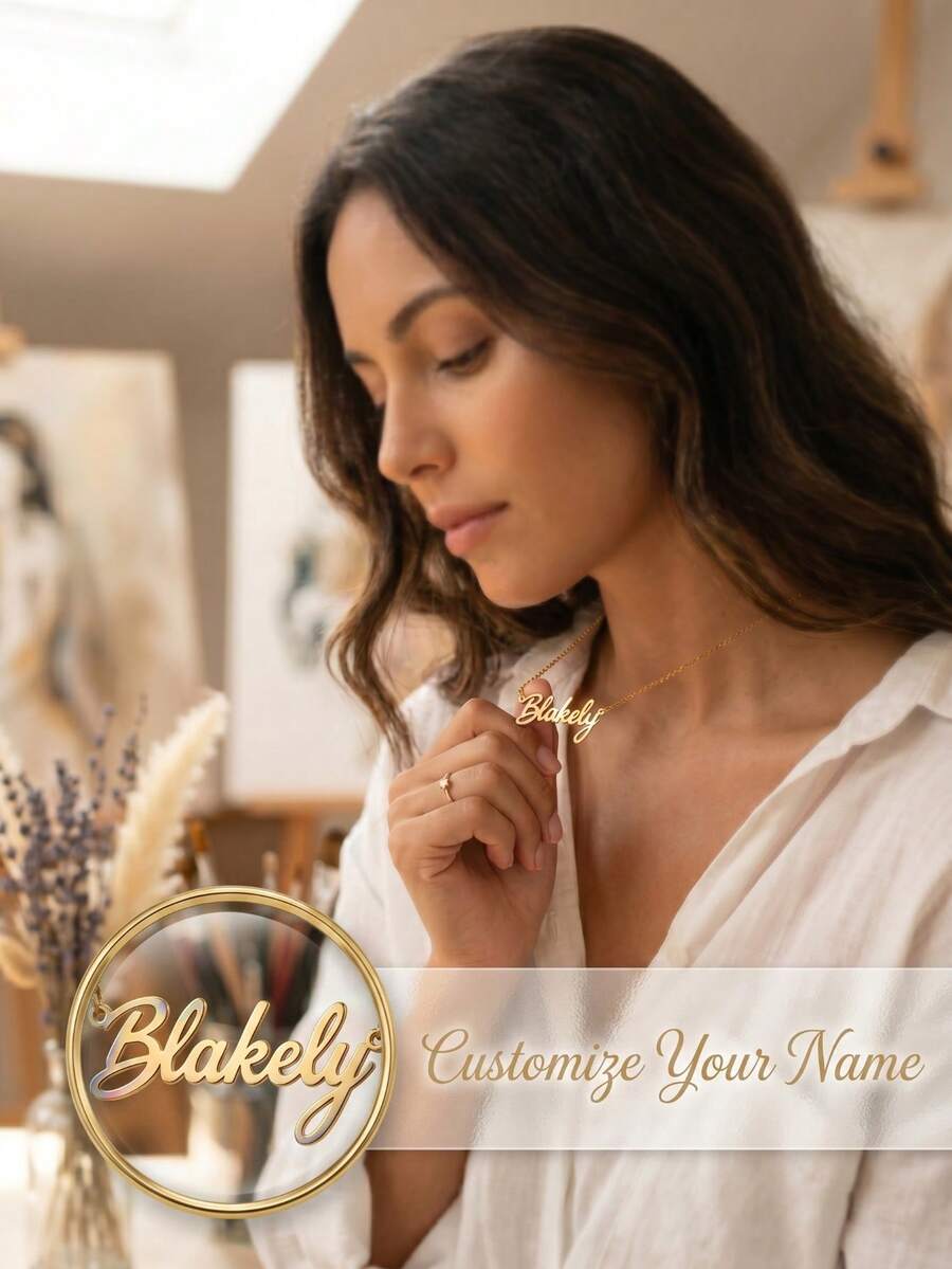 Customized DIY Gold English Name Necklace, Laser Cut Personalized Necklace, 10 Chain Styles Available, Personalized Letter Name Pendant Jewelry, Fully Customized Name Design, Optional Gift Box Customization, Minimalist Daily Wear Jewelry, Suitable For Birthday, Anniversary, Valentine's Day, Mother's Day, And Customized Gifts For Girlfriend, Sister, Family - Gold - View 1