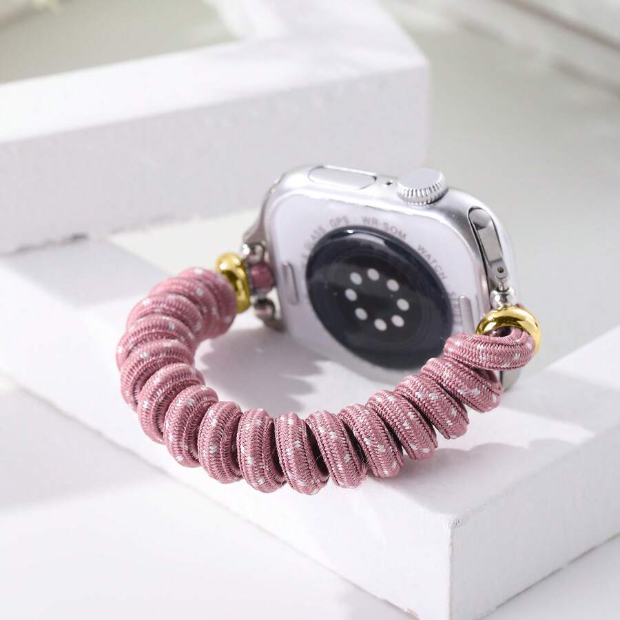1pc Bohemian Style Braided Rope Watch Band, Compatible With Apple Watch 38/40/41/42/44/45/49mm, Elastic Adjustable Strap - Pink - View 1