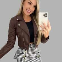 Women's Faux Leather Motorcycle Jacket - Rỉ Nâu - Xem 2