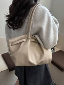 1pc Vintage Women's Handbag, Casual Fashion Large Capacity Versatile Underarm Shoulder Bag, New Commuting Work Tote Bag, Solid Color Buckle Closure, Embossed Texture, Strap Decor, Suitable For Outing, Shopping, Commuting, Office, Business, Birthday Gift - Khaki - View 4
