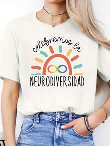Camiseta Casual de Primavera Verano con Estampado de Letras en Español, Cuello Redondo, Manga Corta, Camiseta Deportiva, Top para Mujeres - Blanco - Ver 6
