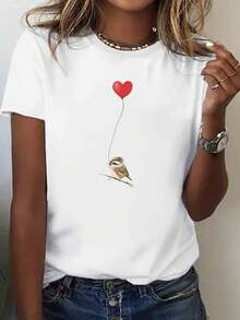 Tops1pc Women's T-Shirt With Bird Pattern | Casual Short-Sleeved Shirt, Slightly Stretchy Fabric, Regular Length, Letter Print Design, Suitable For All Seasons. - White - View 6