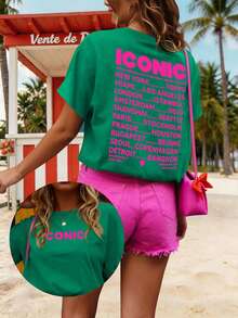 Vacation Casual Letter Print Short Sleeve T-Shirt Summer - Dark Green - View 3