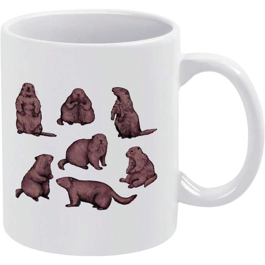 Taza de Cerámica con Diseño de Marmota, Estilo Rural Festivo y Tradicional - Blanco - Ver 1