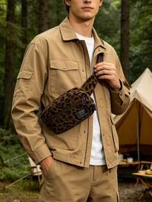 Corduroy Leopard Print Casual Sports Style Minimalist Men's Chest Bag, Versatile Phone Pouch, Coin Purse, Suitable For Travel And Sports - Coffee Brown - View 7