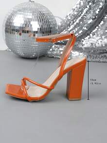 Women's Fashionable Sexy Square Toe Chunky Heel Sandals - Orange - View 3