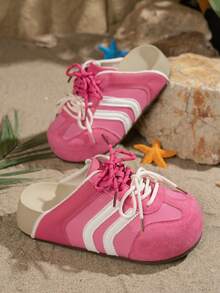 Retro Backless Slip-On Shoes, Lace-Up, Platform Wedge, Fashion, Comfortable & Versatile, Suitable For Casual Daily Wear In Summer - Pink - View 6