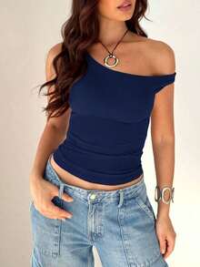 Blusa de verano de color liso, de hombro oblicuo y manga corta para mujer - Azul marino - Ver 1