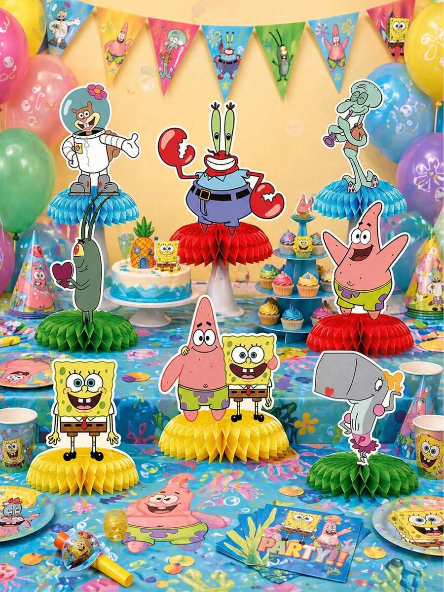 SpongeBob SquarePants 8 قطع/مجموعة مجموعة ديكور مركز النحل، مناسبة لديكور طاولة الحفلة، قطعة مركزية جميلة لحفلة عيد الميلاد والهدايا - متعدد الألوان - مشاهدة 1