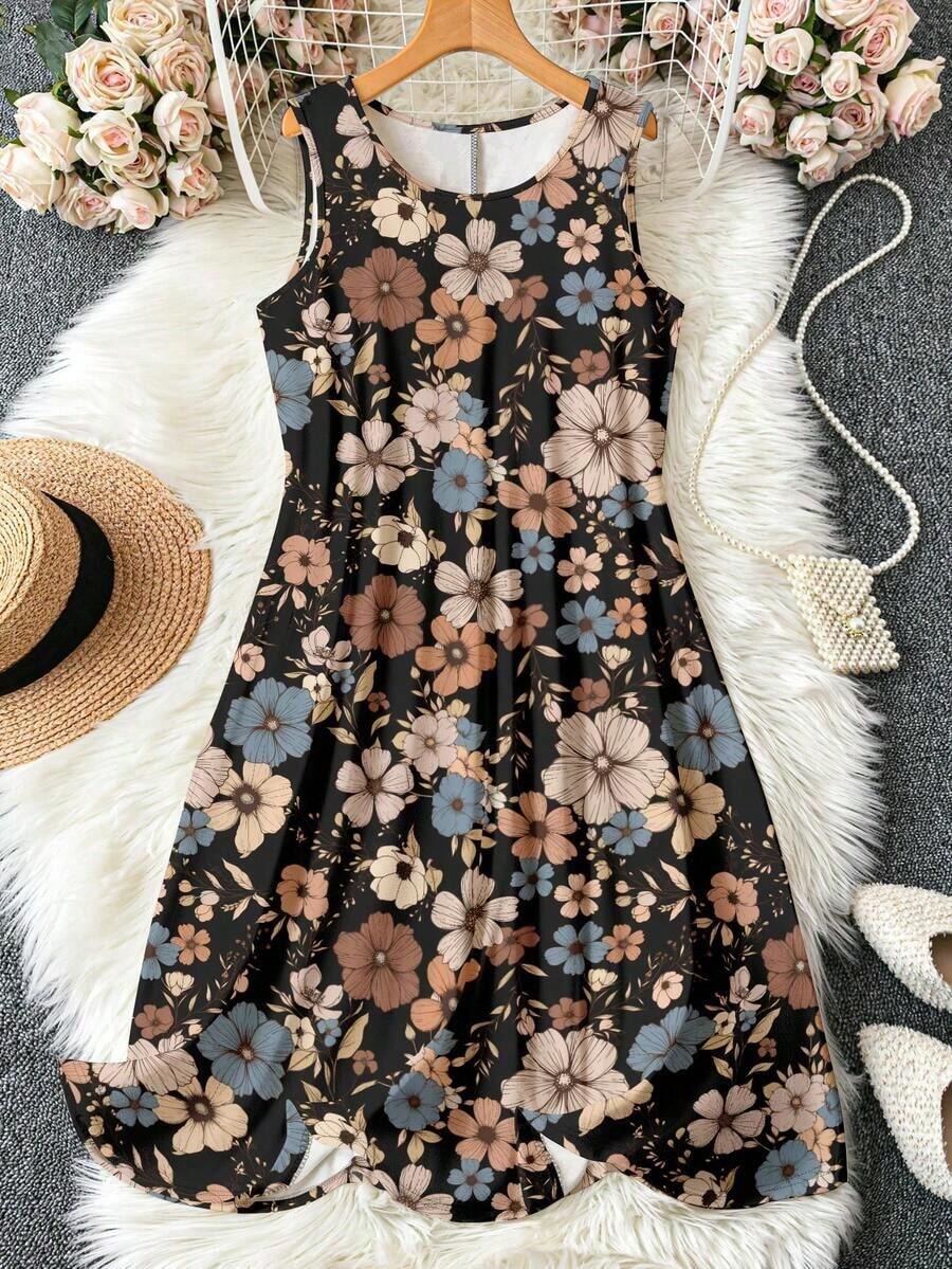 Vestido de tirantes con cuello redondo y estampado de hojas en talla grande, vestido informal de línea A, adecuado para vacaciones, playa y uso diario, conjunto de ropa de verano para mujer - Multicolor 2 - Ver 1