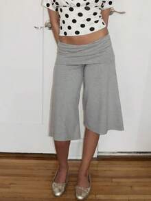 Fold Over Wide Leg Capri Pants For Women Low Rise Lounge Yoga Flare Culottes Y2k Flowy Crop Palazzo Pants - 淺灰色 - 查看 4