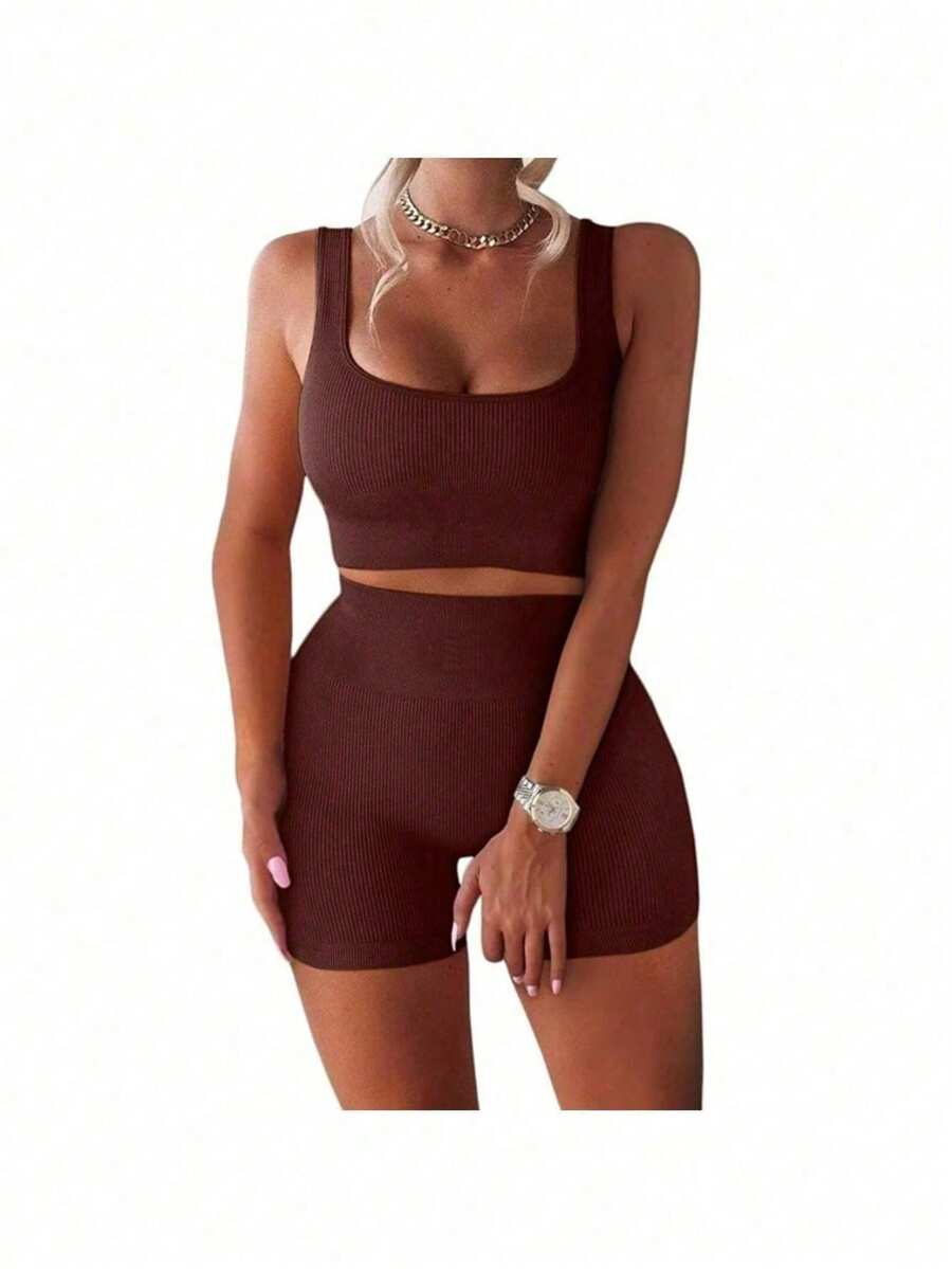 Workout Sets For Women 2 Piece Seamless Ribbed Crop Tank High Waist Shorts Yoga Outfits - Coffee Brown - View 1