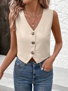 1pc Solid Color Casual Button-Up Vest, Suitable For Spring And Summer - Apricot - View 6