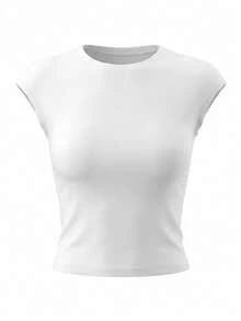 Women's Sweet & Spicy Solid Color Fitted Cropped Top, Spring/Summer Round Neck Casual T-Shirt, Daily Wear - White - View 7