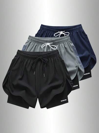Quần short thể thao nữ 2 trong 1 thoải mái, màu đen, thiết kế dây rút, chất liệu vải dệt co giãn nhẹ, phù hợp cho chạy bộ và mặc đi biển thường ngày.