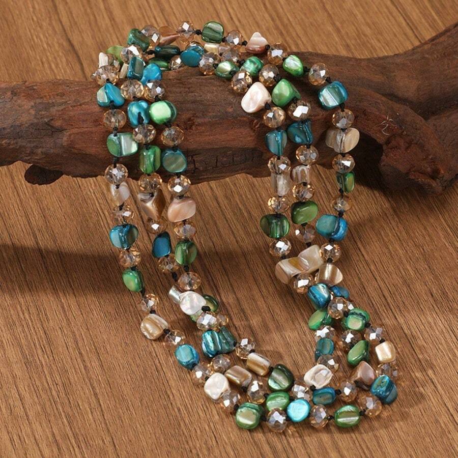 Bohemian Beach Style Necklace, Colorful Shell Beaded Long Necklace For Women - Blue-green-brown - View 1