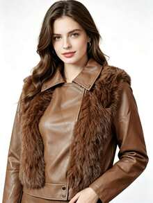 Women's Leather Jacket Simple Casual Zipper Pocket Button Evening Daily - 棕色 - 查看 1