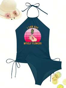 Women'S "I Can Buy Myself Flowers" Halter Neck Two-Piece Tankini Swimsuit - High-Stretch Geometric Print Beachwear With Adjustable Side Ties, Vibrant Pink & White Design For Pool, Vacation & Summer Outfits, Poolside Attire, Playful Swimwear, Comfortable Fit, Poolside Fashion,  Swimwear, Durable Swimwear, Stylish Swimwear, Fashion Lovers - Hồ Xanh - Xem 7