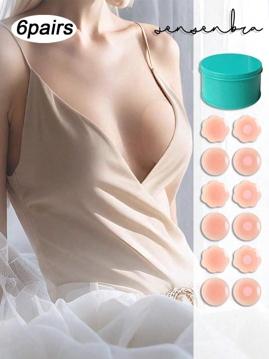 12 piezas de cubiertas reutilizables de silicona para pezones con caja de almacenamiento - ultra delgadas, pastillas de tono de piel - Multicolor - Ver 1