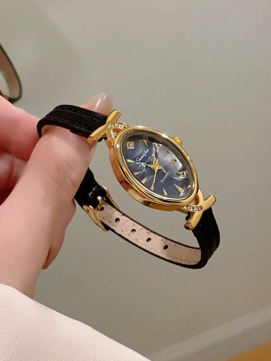 1 buah Jam Tangan Quartz Kasual Elegan Wanita Bentuk Oval dengan Angka Romawi, Cocok untuk Pemakaian Sehari-hari - Hitam - View 1