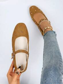 Women's French Rhinestone Vintage Mary Jane Flat Shoes, Strap Square Toe Soft Sole, Multiple Colors, Versatile For Spring/Summer - Brown - View 2