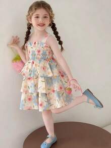 Đầm hai dây in hoa cho bé gái, đầm công chúa, đầm đi biển tươi mát. - Màu be - Xem 1