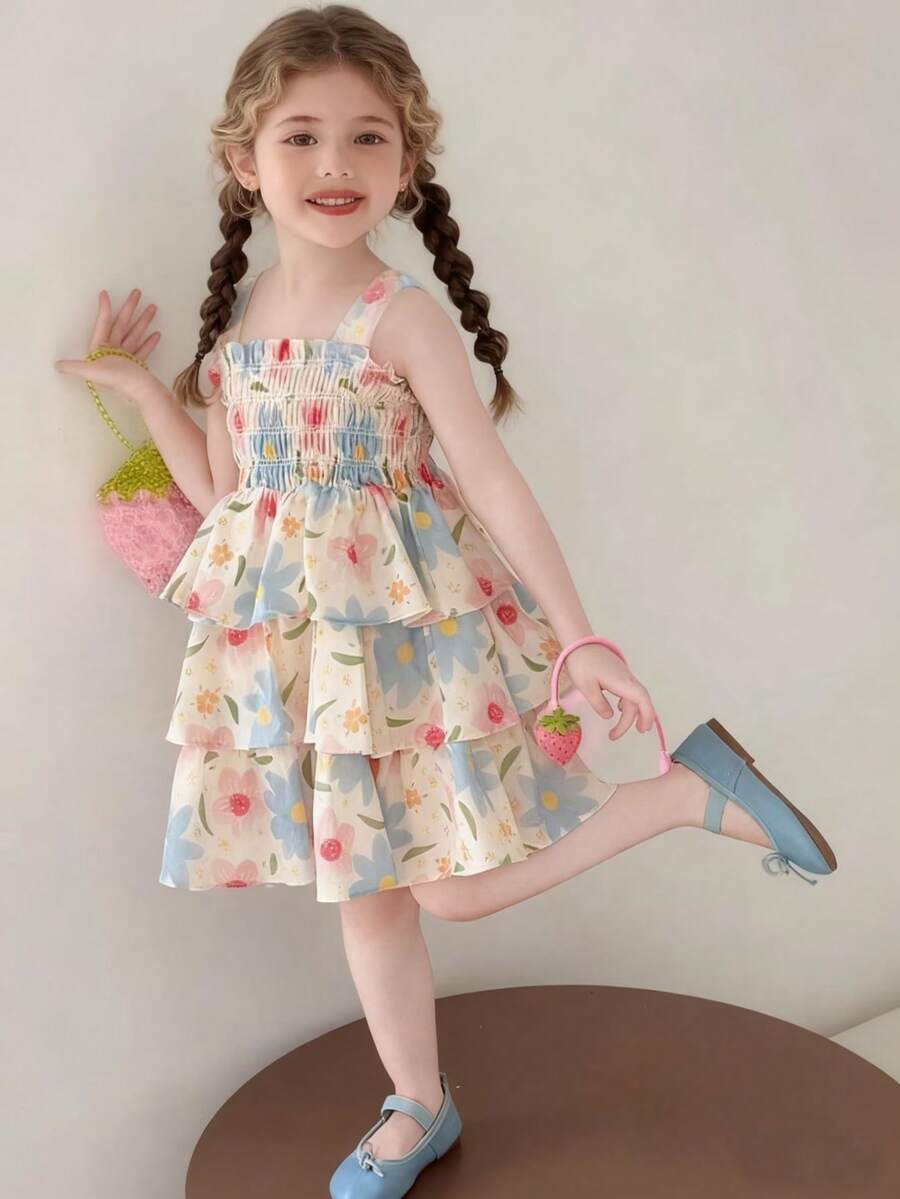 Đầm hai dây in hoa cho bé gái, đầm công chúa, đầm đi biển tươi mát. - Màu be - Xem 1