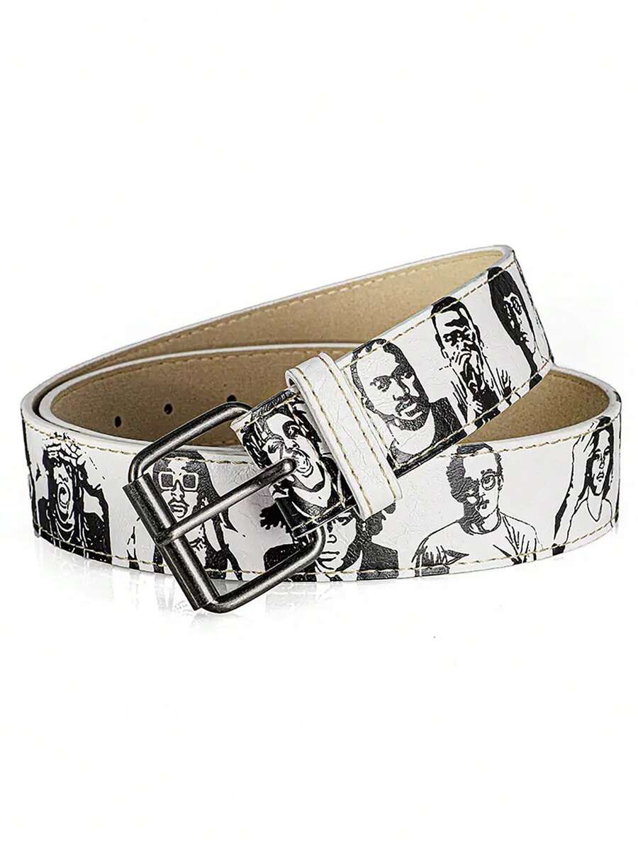 1 chiếc thắt lưng in hình chân dung phong cách retro, unisex, thiết kế đen trắng thời trang. - trắng - Xem 1