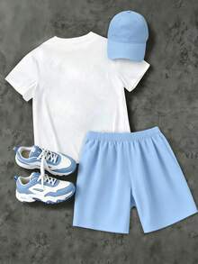 2pcs/Set Teen Boys' Casual Street Style Cartoon Character, Classic City Name New York Text, Flame, Cool Star Print Shorts Sleeve T-Shirt And Short Set, Suitable For Spring/Summer Daily Wear, Commuting, Outdoor Sports, School, And Streetwear - 淺藍色 - 查看 2