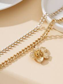 1 Set Minimalist White Design Wheat Ear Chain & Gold Textured Plumeria Pendant Anklet, Suitable For Holiday/Travel Wear - Yellow Gold - View 4