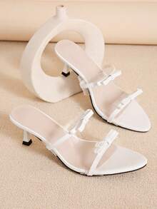 Women's Bow Tie Stiletto Mule Shoes, Transparent Strap Open Toe Slip-On Sandals, Suitable For Party And Daily Wear - White - View 15