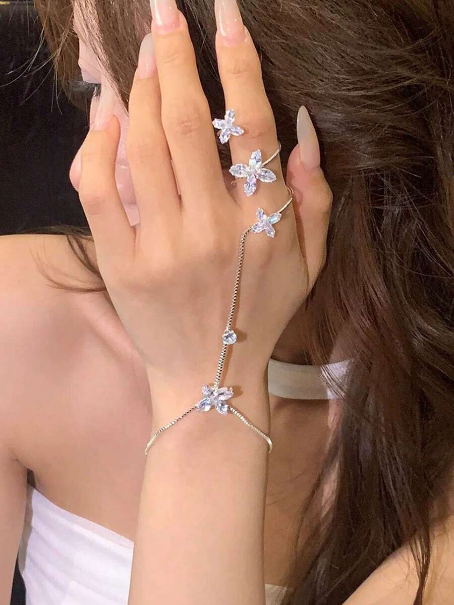 Vòng tay sang trọng, thanh lịch đính đá Cubic Zirconia lấp lánh hình bướm và hoa, kiểu dáng hoa lá thời trang. - Nhiều màu - Xem 1
