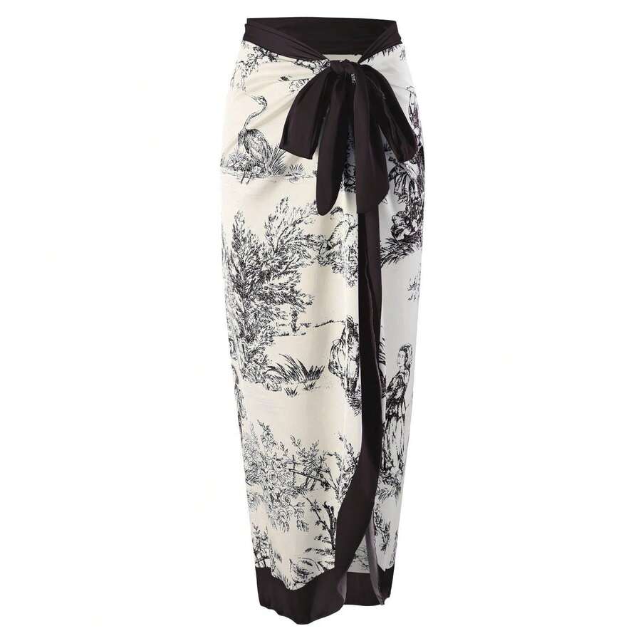 Chic Boho Women's Long Skirt With Toile De Jouy Pattern, Elegant Wrap-Around Maxi Skirt, Fashionable & Sexy Beach Cover-Up - 黑色薄紗裙 - 查看 1