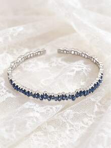 1pc Luxury Rectangular Zirconia Bangle, Pave Design, Versatile Elegant Gift For Daily Wear - Blue - View 4