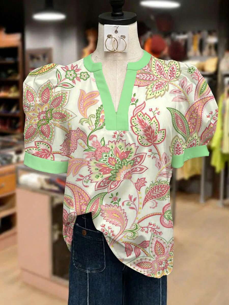 Women's Casual Polyester Notched V Wired Paisley Print Short Bishop Sleeve Regular Shirt - 粉綠 - 查看 1