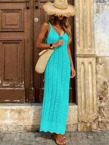 Vestido Capa Fenda Vazado Sem Mangas de Crochê do Verão 2026, Vestido Elegante de Férias na Praia para Mulheres, Roupa de Banho Feminina, Conjunto de Verão, Dia dos Namorados, Vestido de Praia - Azul menta - Visão 4