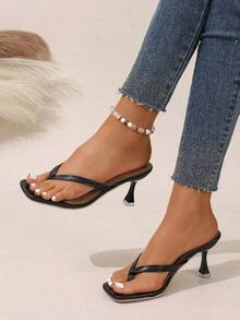 Women's Fashion Thong Sandals, Pyramid High Heels, Black Summer Comfortable Flip-Flops, Solid Color Slippers, Fashionable High Heel Sandals Suitable For Formal, Party, Work And Daily Wear - Black - View 7