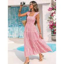 Vestido Casual Mujer Charming Smocked Square-Neck Cami Dress In Pastel Hues With Bohemian Print, A Fitted Shired Bust, And A Full Flared Skirt – A Flirty, Figure-Flattering Pick For Resort Vacations, Evening Parties & Everyday Spicy Elegance. - 藍色 - 查看 4