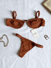 Underwire Bikini With Half-Cup Bra And Thong Bottom With Adjustable Strap. - Hazelnut (ring) - View 1