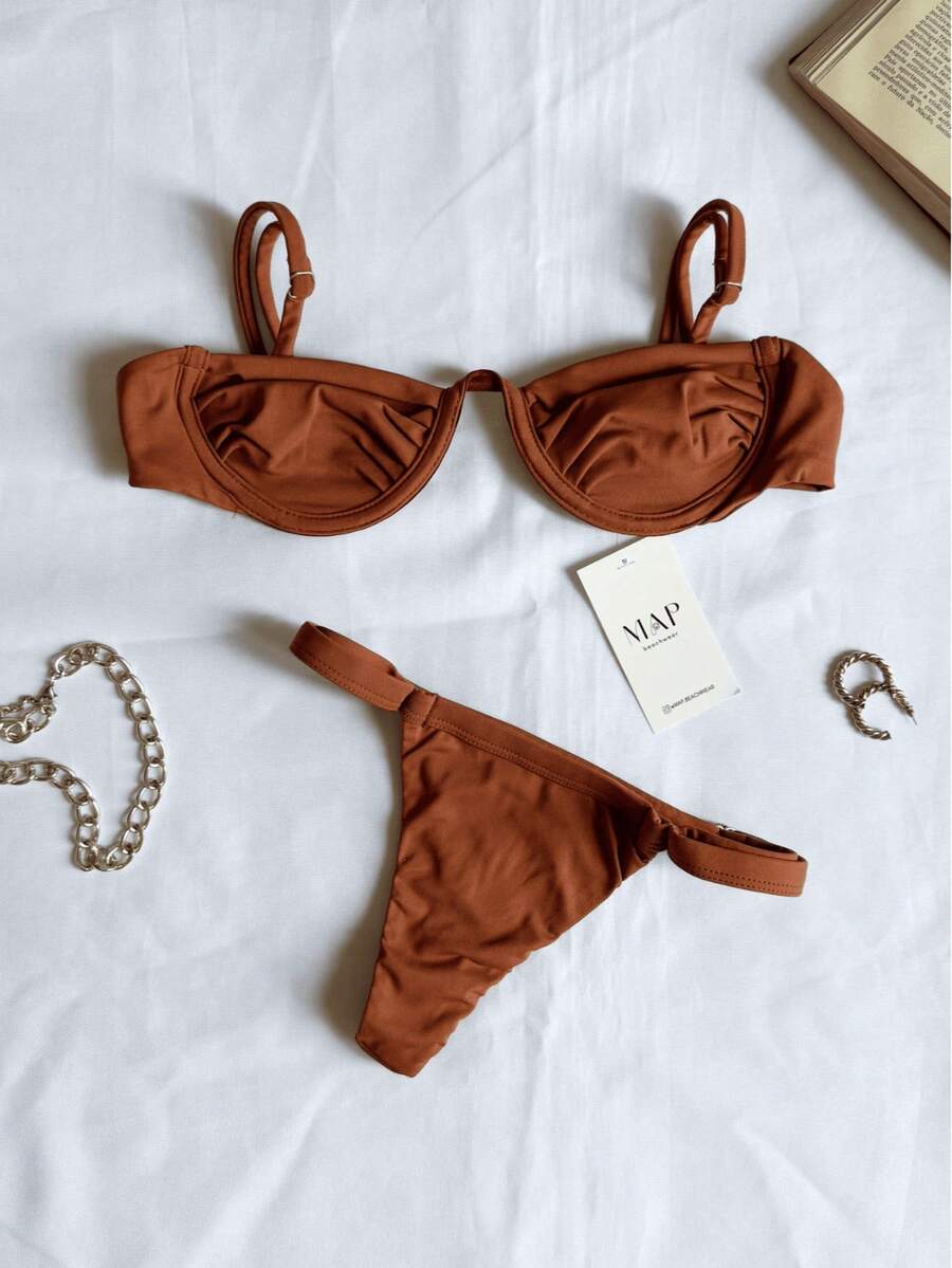 Underwire Bikini With Half-Cup Bra And Thong Bottom With Adjustable Strap. - Hazelnut (ring) - View 1