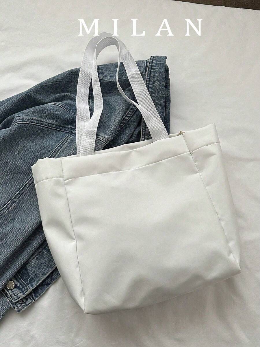Dopamine Solid Color New Minimalist Large Capacity Glossy Shoulder Tote Bag, Personalized Soft Surface Commuter Handbag - Beige - View 1
