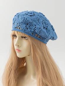 1 chiếc mũ beret nữ thời trang mùa xuân/thu, kiểu dáng rỗng, nhẹ, đan móc thủ công hình hoa hồng, phù hợp với phong cách boho hàng ngày. - A - Xem 5