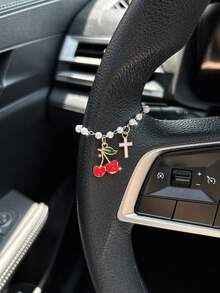 Cadena colgante con colgante de cruz de cereza y perla para espejo retrovisor, accesorio de decoración interior de coche delicado para mujeres - A - Ver 7