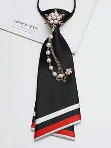 1pc No-Tie Pearl Flower Necktie, Striped Double-Layer Pre-Tied Necktie, Suitable For Casual Streetwear And Party Outfits JBB3 - Burgundy - View 13