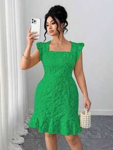 Vestido de mujer talla grande de primavera/verano de caliente con cuello cuadrado, elegante, ajustado, de manga corta, con volantes en el bajo tipo cola de pez, diseño de cintura minimalista, adecuado para el uso diario, ocasiones formales, fiestas y eventos de club - Verde - Ver 7