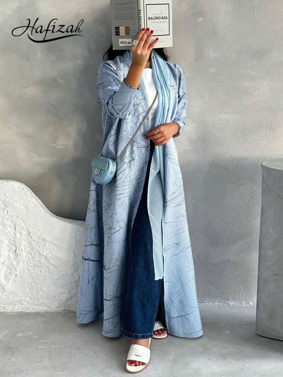 Modest Textured Jacquard Long Sleeve Jacket For Women, Summer Eid Spring - Sky Blue - View 1