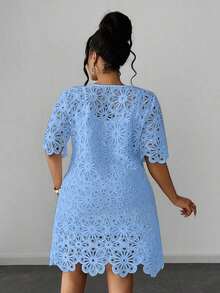 Maweii Vestido de encaje soluble en agua de unicolor elegante talla grande, para verano - Celeste - Ver 2
